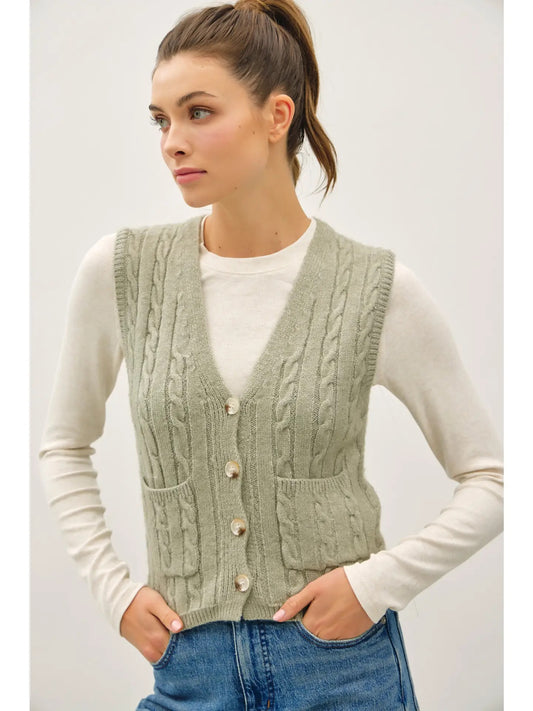 Sage Variety Style Cable Knit Sweater Vest