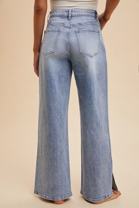 Waist Strap Detail Side Slit Wide Leg Jean
