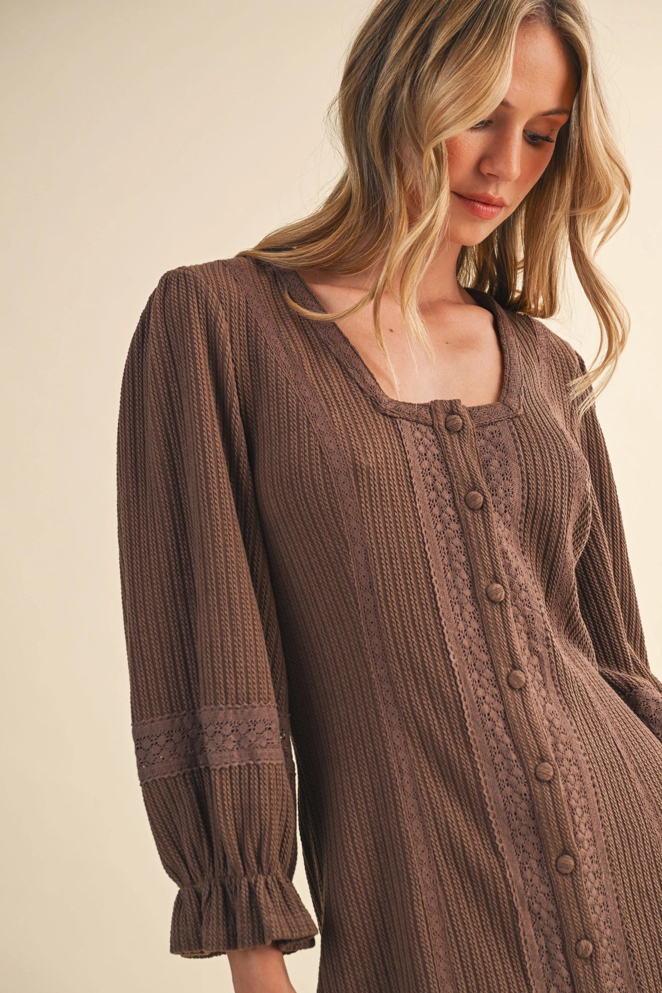 Lace Trim Button Down Sweater Dress