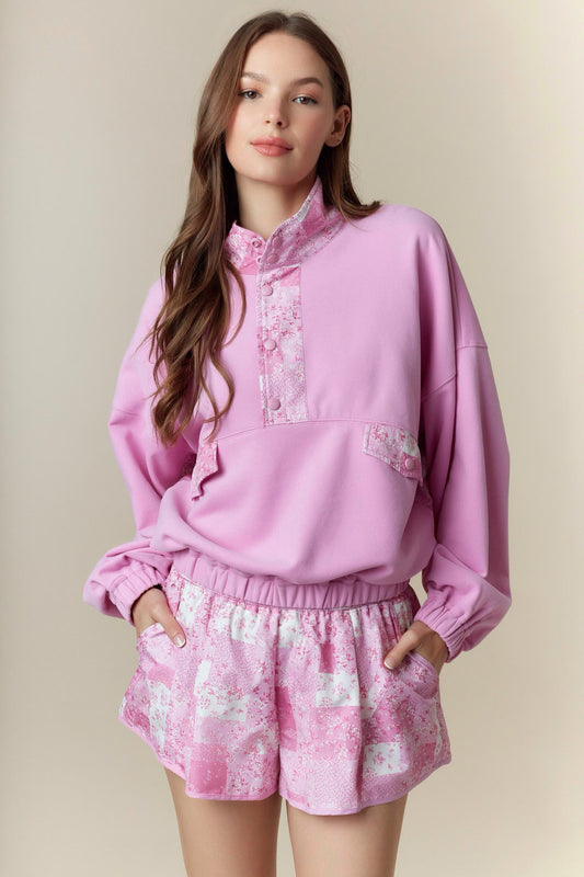 Pink Ditsy Flower Semi Button Up Top
