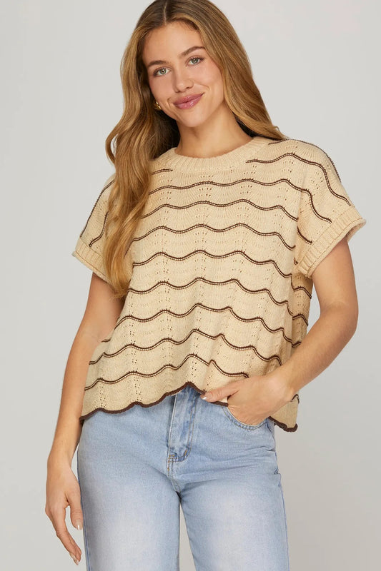 Drop Short Sleeve Scalloped Striped Knit Sweater