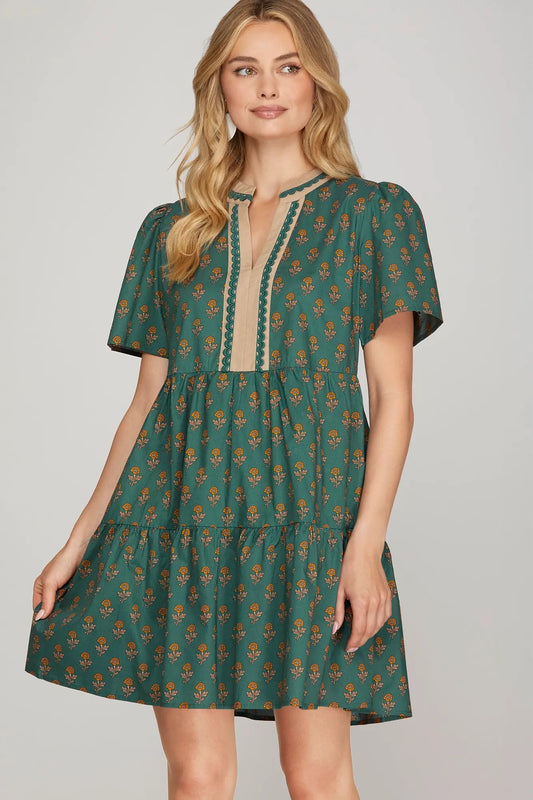 Teal V-Neck Contrast Print Dress with Pockets