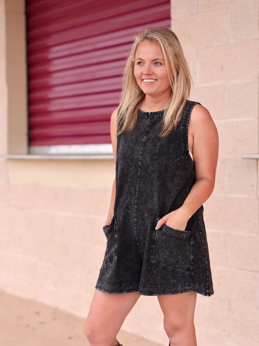 Mineral Wash Romper with Pockets