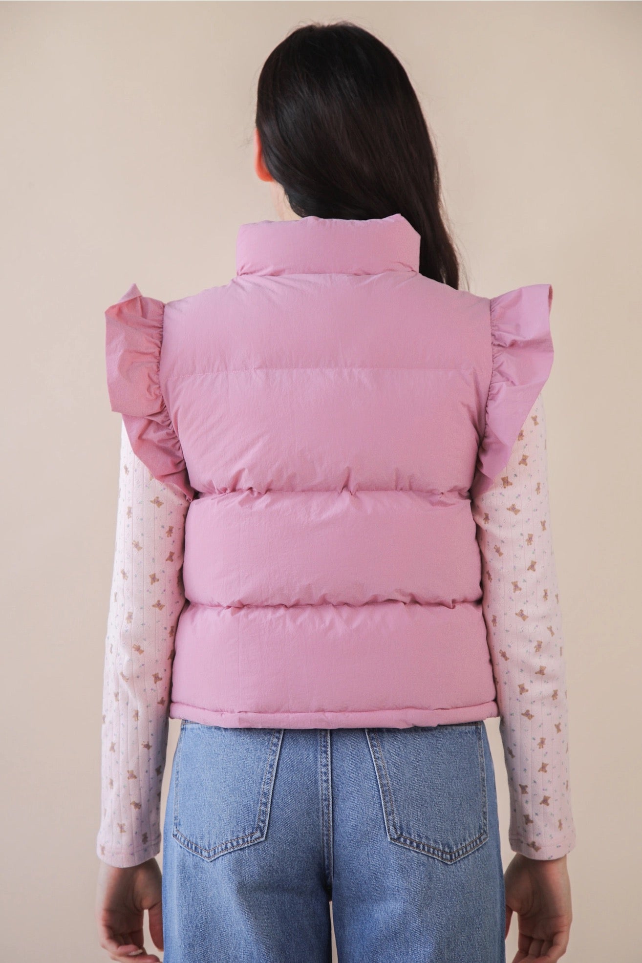 Pink Ruffle Sleeve Puffer Vest