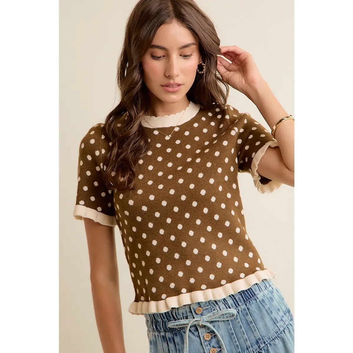 Brown & Cream Polka Dot Ruffled Short Sleeve Knit Top