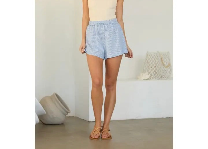 Blue Stripe Elastic Waist Shorts