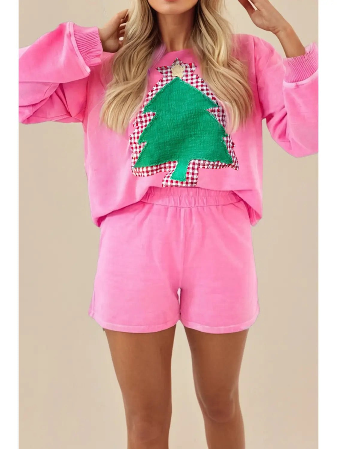 Pink Christmas Tree Patched Raglan Sleeve Short Set