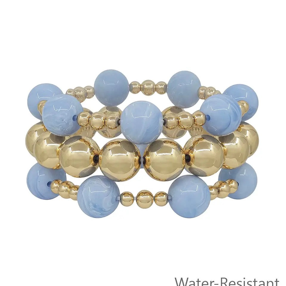 Set of 3 Blue & Gold Beaded Stretch Bracelets