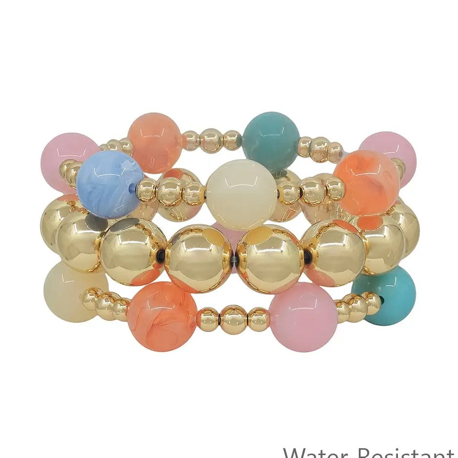Set of 3 Multi Color& Gold Beaded Stretch Bracelets