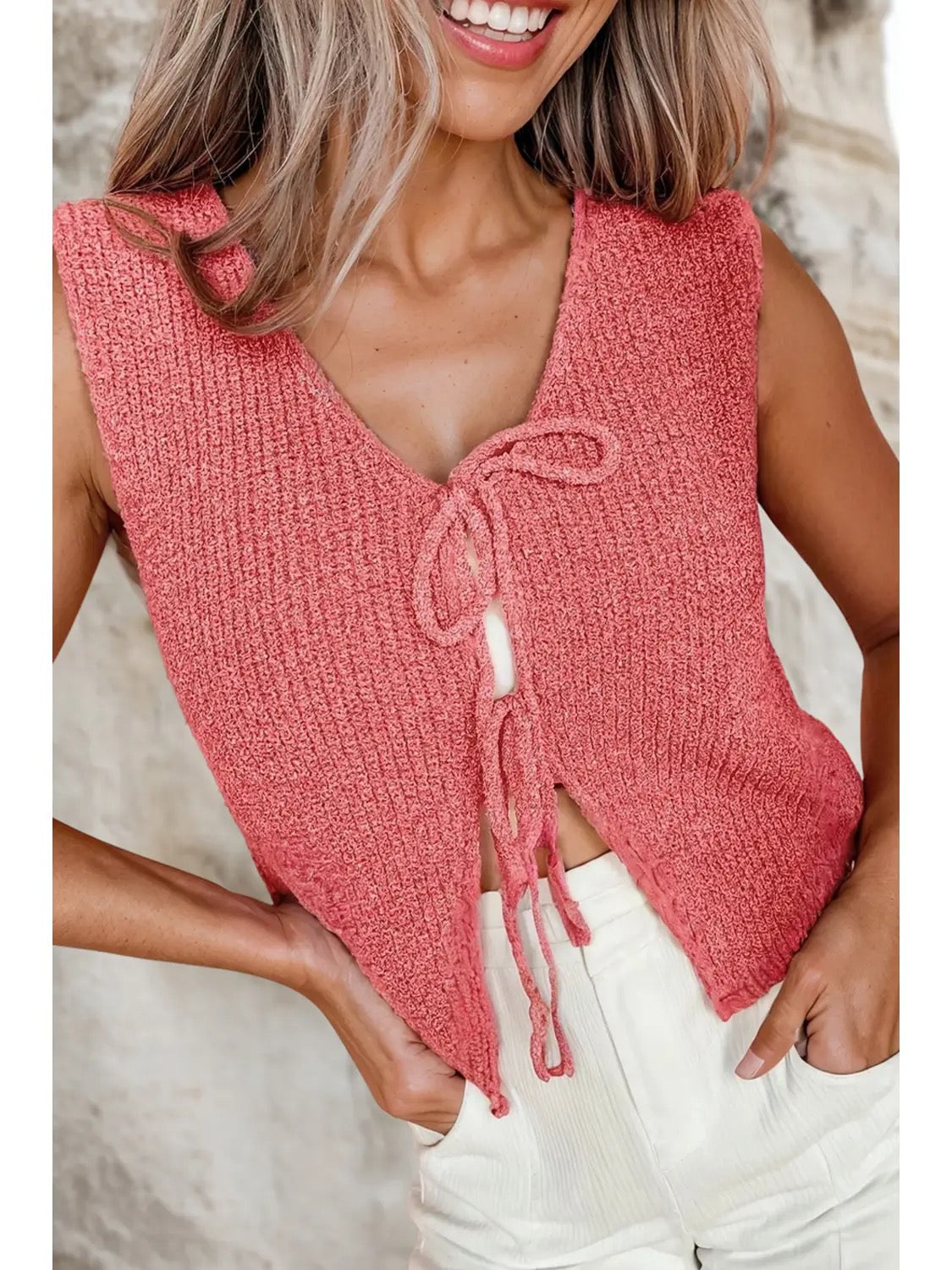Coral Lace Up V-Neck Sweater Vest