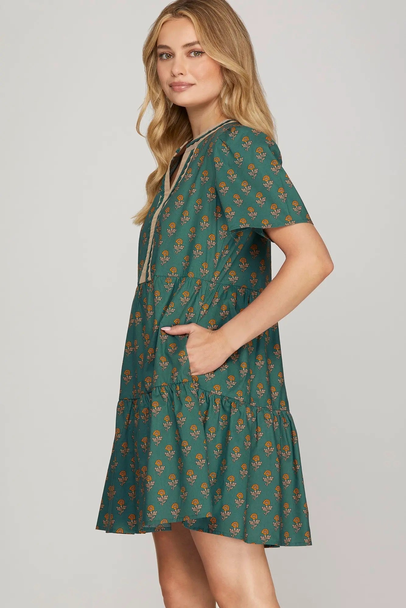 Teal V-Neck Contrast Print Dress with Pockets