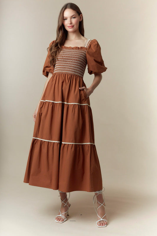 Cinnamon Washed Poplin Smocked Bubble Sleeve Dress