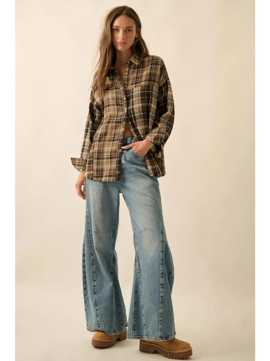 Brown Plaid Flannel Long Sleeve Button Up