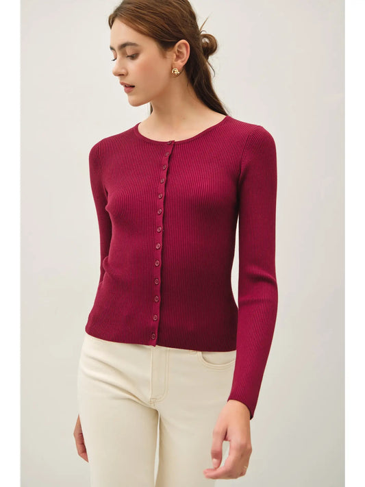 Wine Ribbed Button Up Cardigan