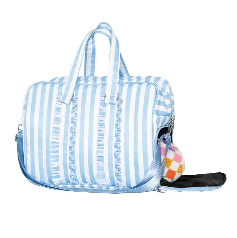 Blue Stripe Ruffle Overnight Bag