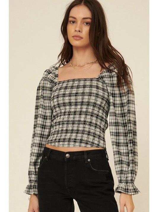 Plaid Square Neck Smocked Bodice Blouse