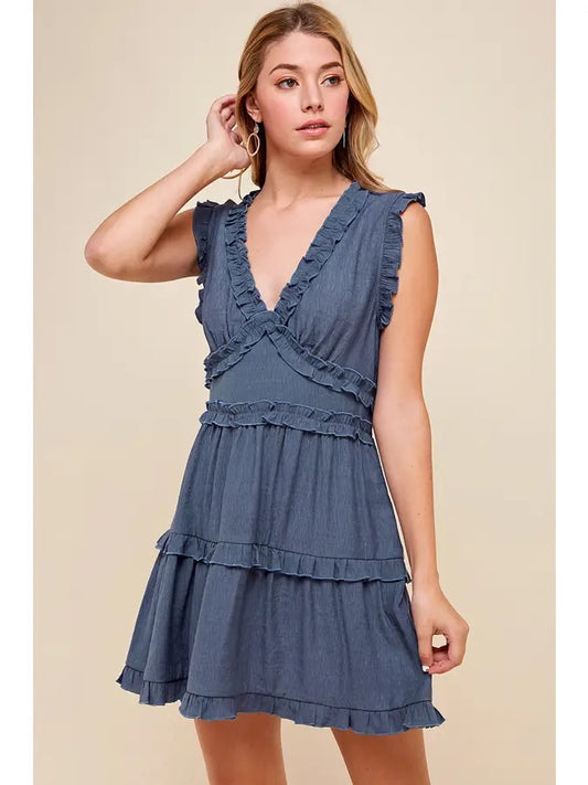 Dusty Navy Sleeveless V-Neck Ruffle Dress