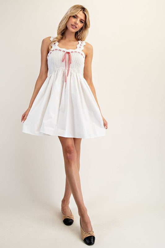 White Crochet Tie Front Scallop Mini Dress