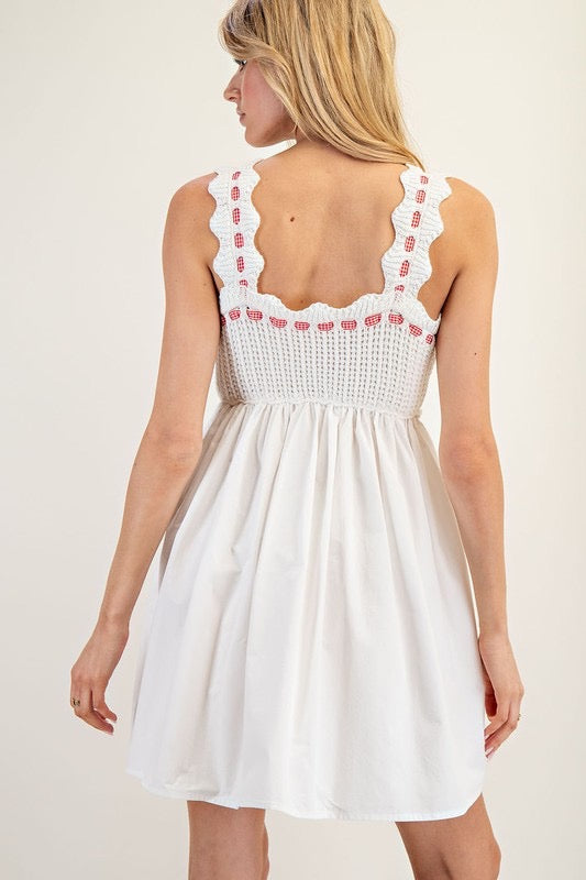 White Crochet Tie Front Scallop Mini Dress