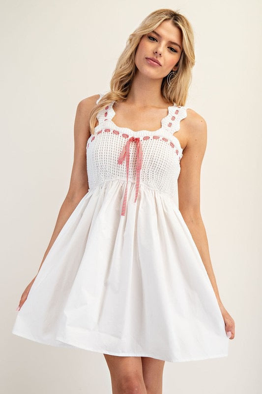 White Crochet Tie Front Scallop Mini Dress