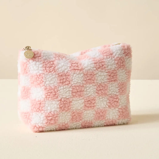 Teddy Sherpa Pink Check Pouch