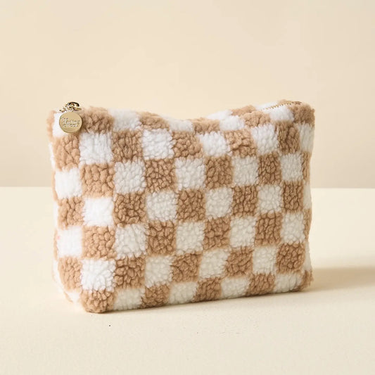 Teddy Sherpa Tan Check Pouch