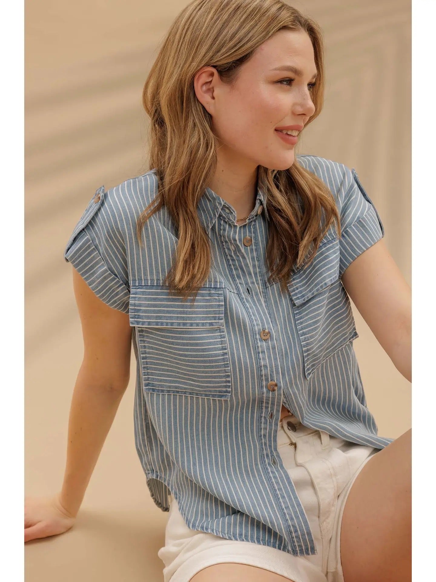 Stripe Button Down Tab Sleeve Chambray Shirt