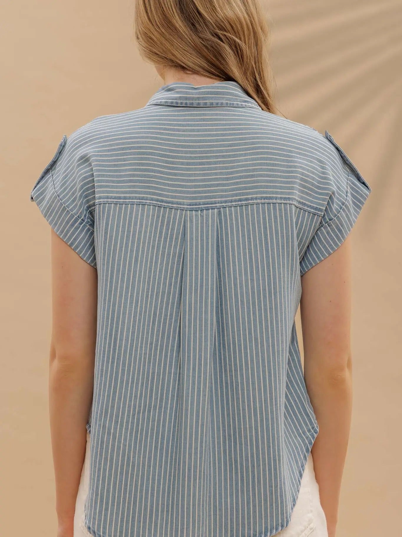Stripe Button Down Tab Sleeve Chambray Shirt