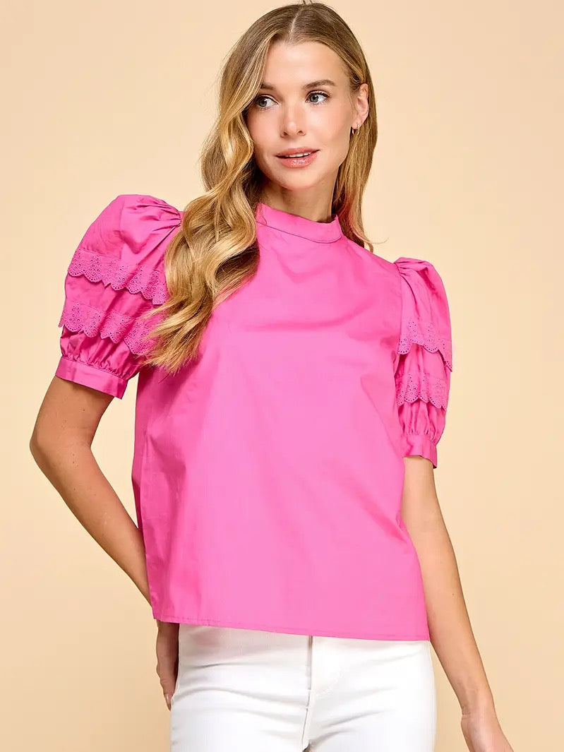 Puff Sleeve Lace Detail Poplin Top