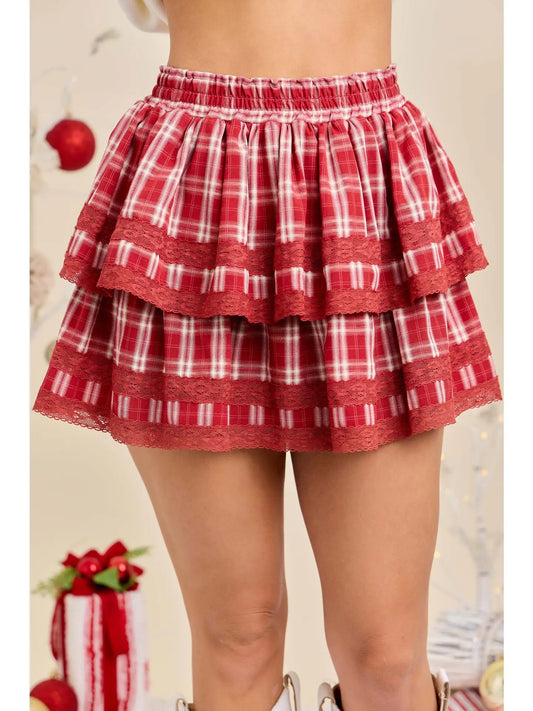 Red Plaid Ruffle Skort with Lace Detail