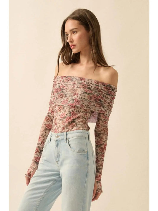 Floral Mesh Off Shoulder Long Sleeve Bodysuit