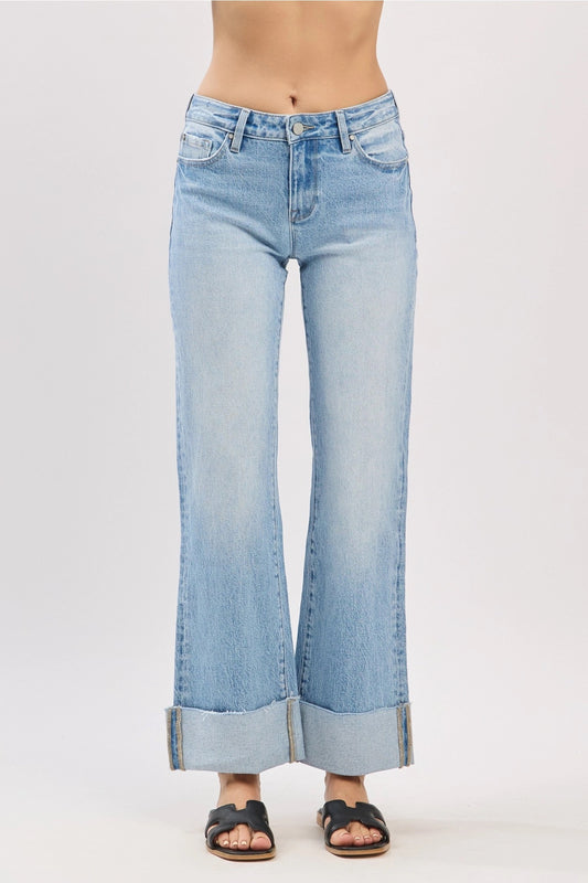 Petra Mid Rise Comfort Relaxed Flare Cuffed Hem Jeans