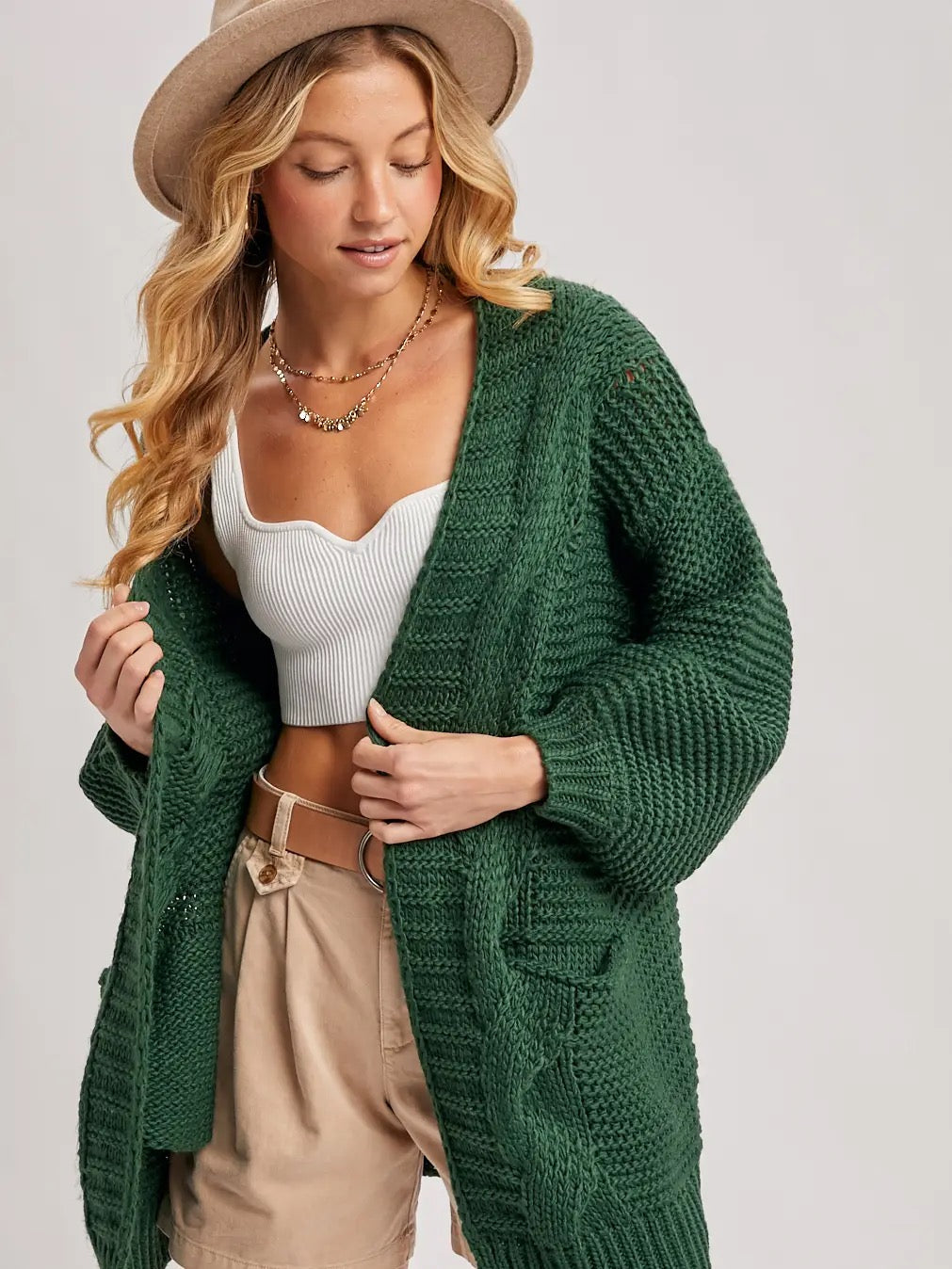 Chunky Cable Lantern Sleeve Cardigan-Forest