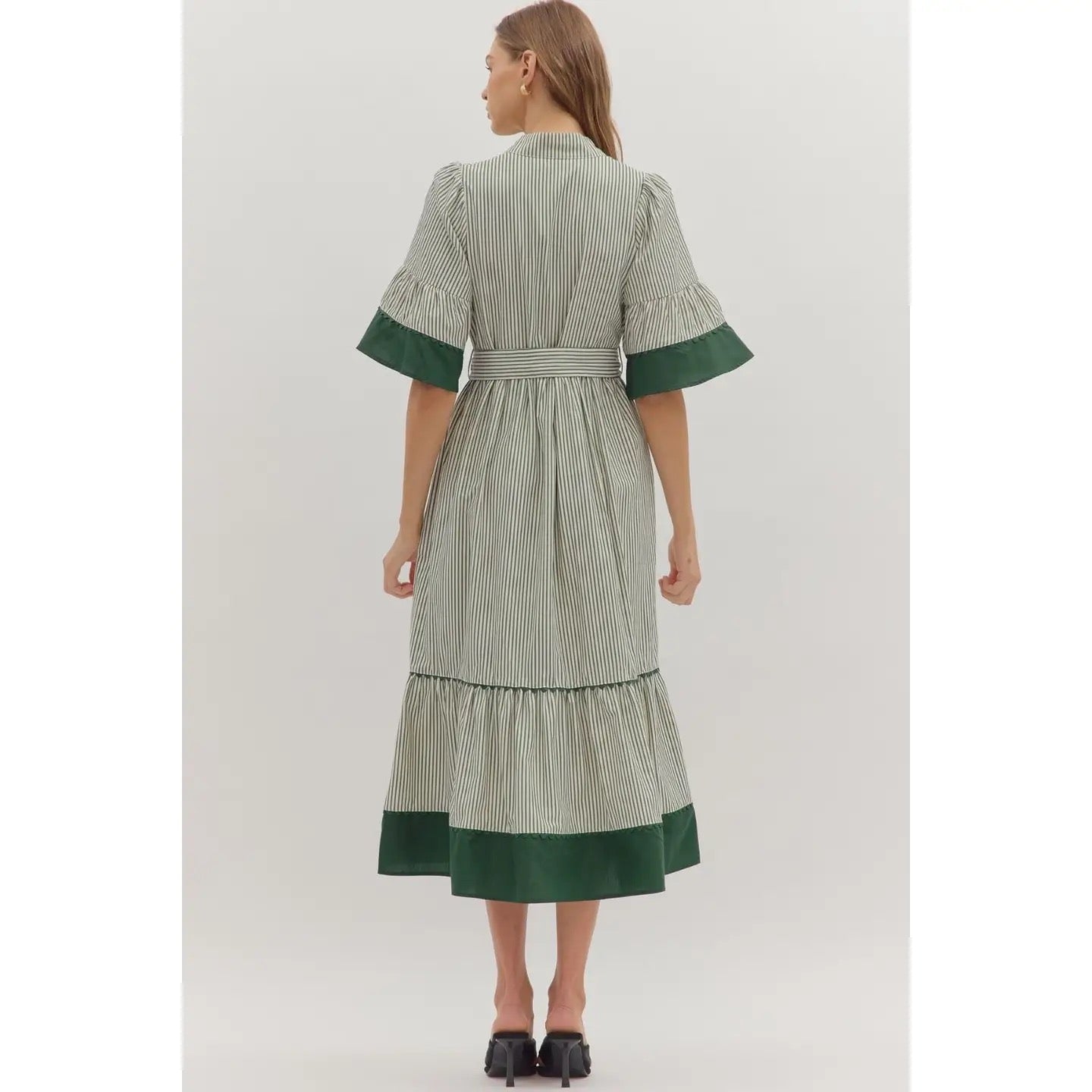 Green Striped Short Puff Sleeve Midi Dress