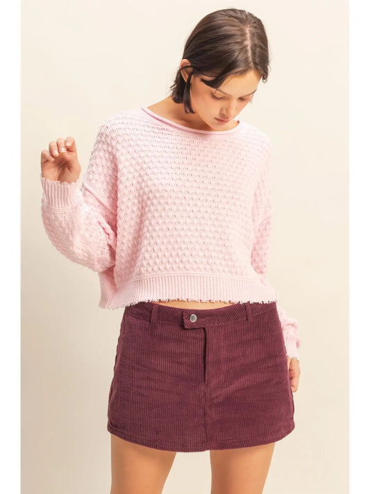 Pink Textured Round Neck Sweater