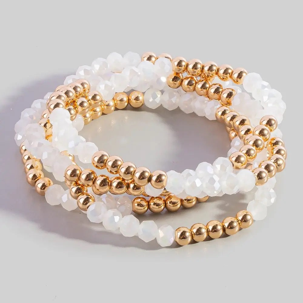 White & Gold Beaded Stretch Bracelet Set