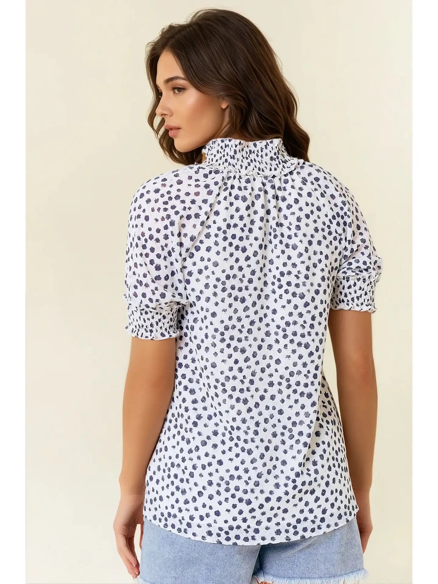 Jacquard Dot Print Short Sleeve Blouse