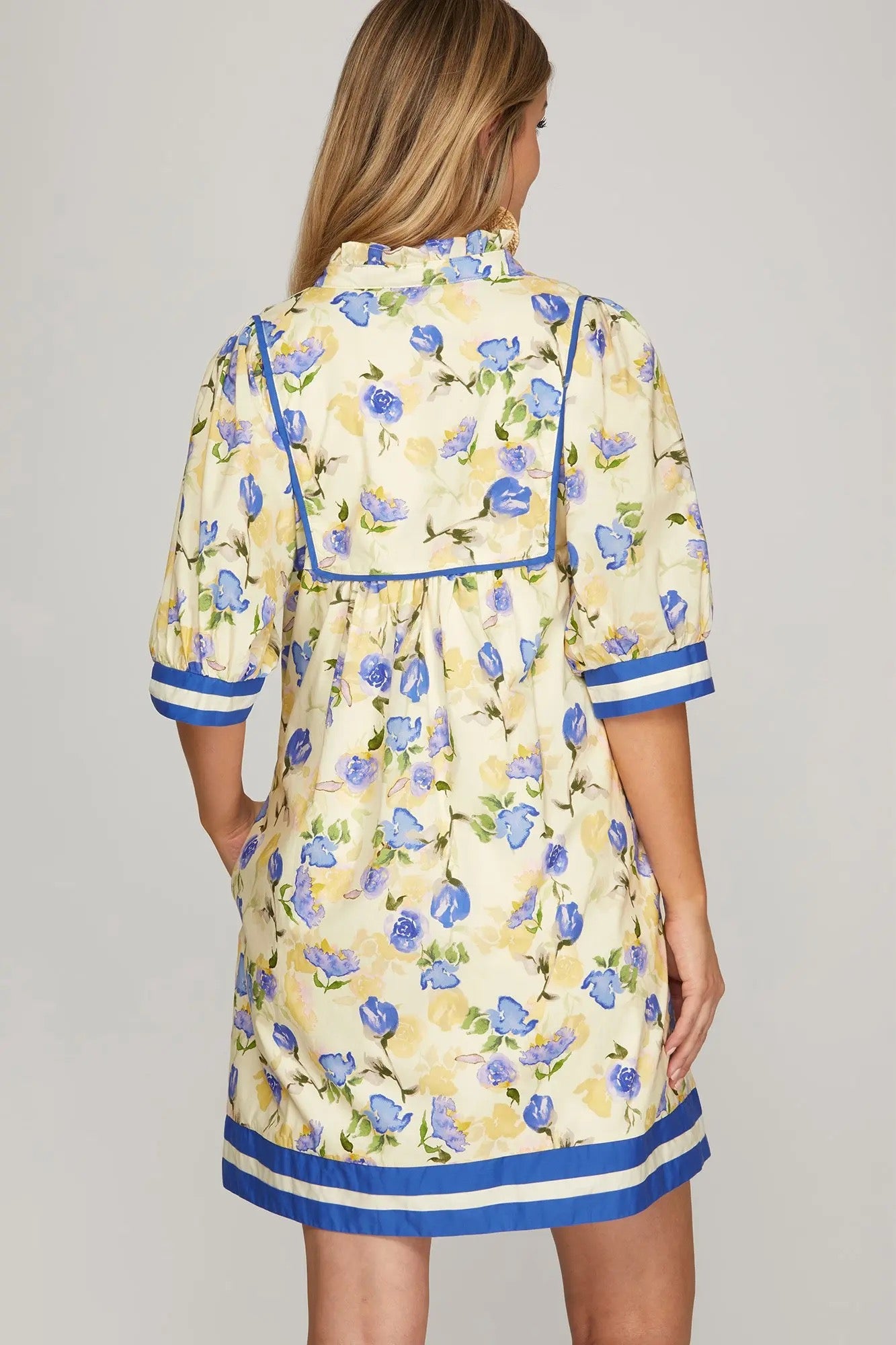 Yellow & Blue Floral Short Sleeve Midi Dress