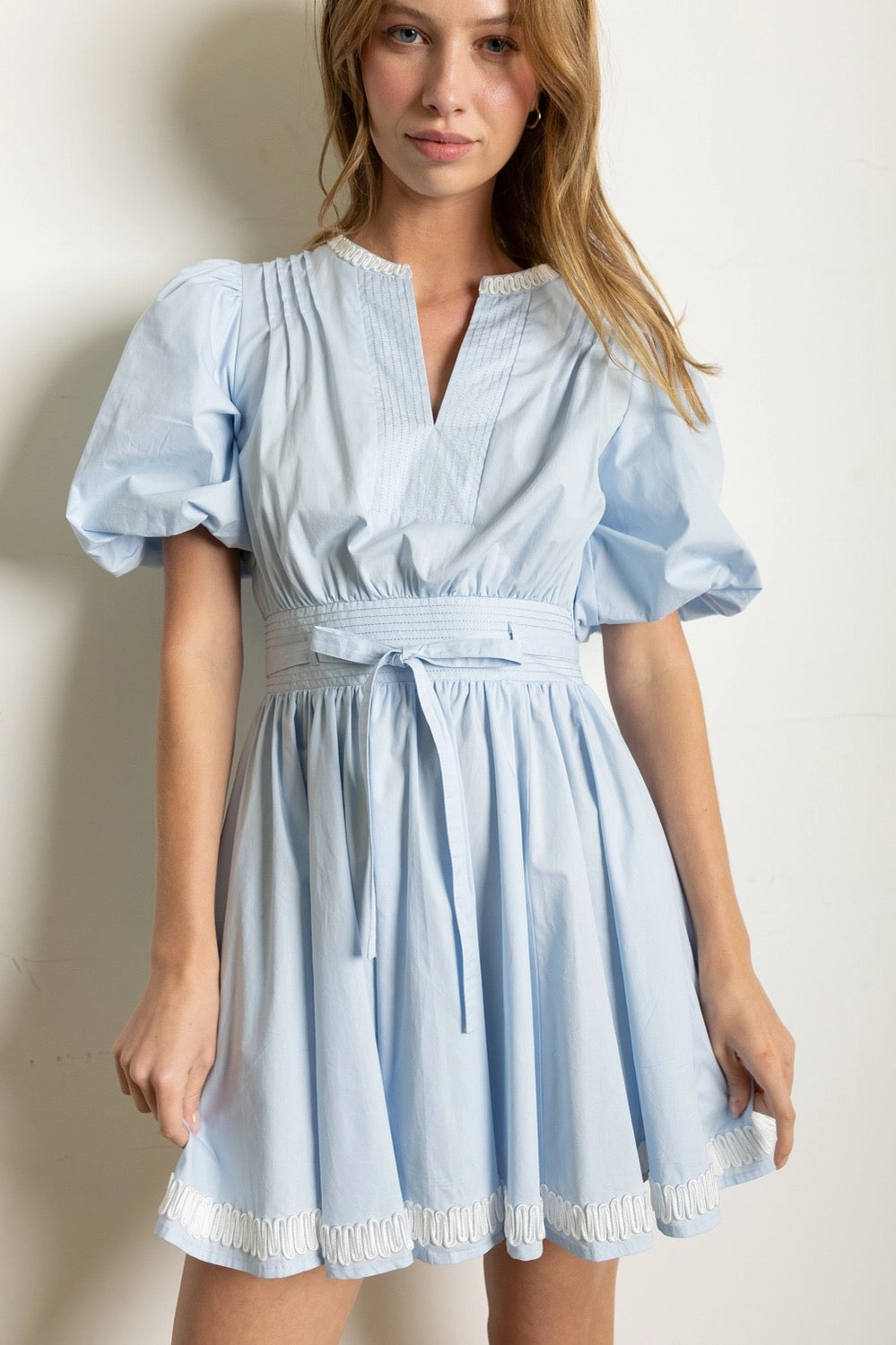 Blue Belted Puff Sleeve Mini Dress