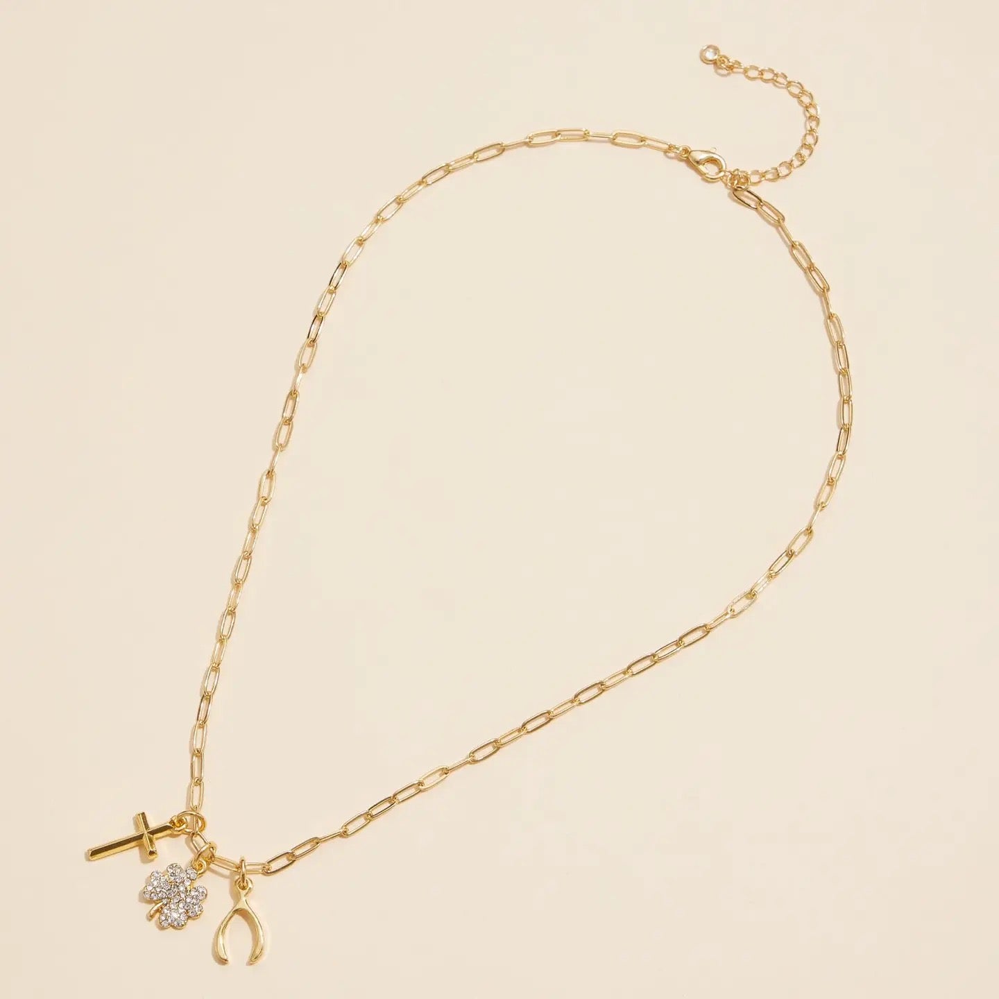 Gold Dipped Charm Necklace with Cross, Clover, Wishbone