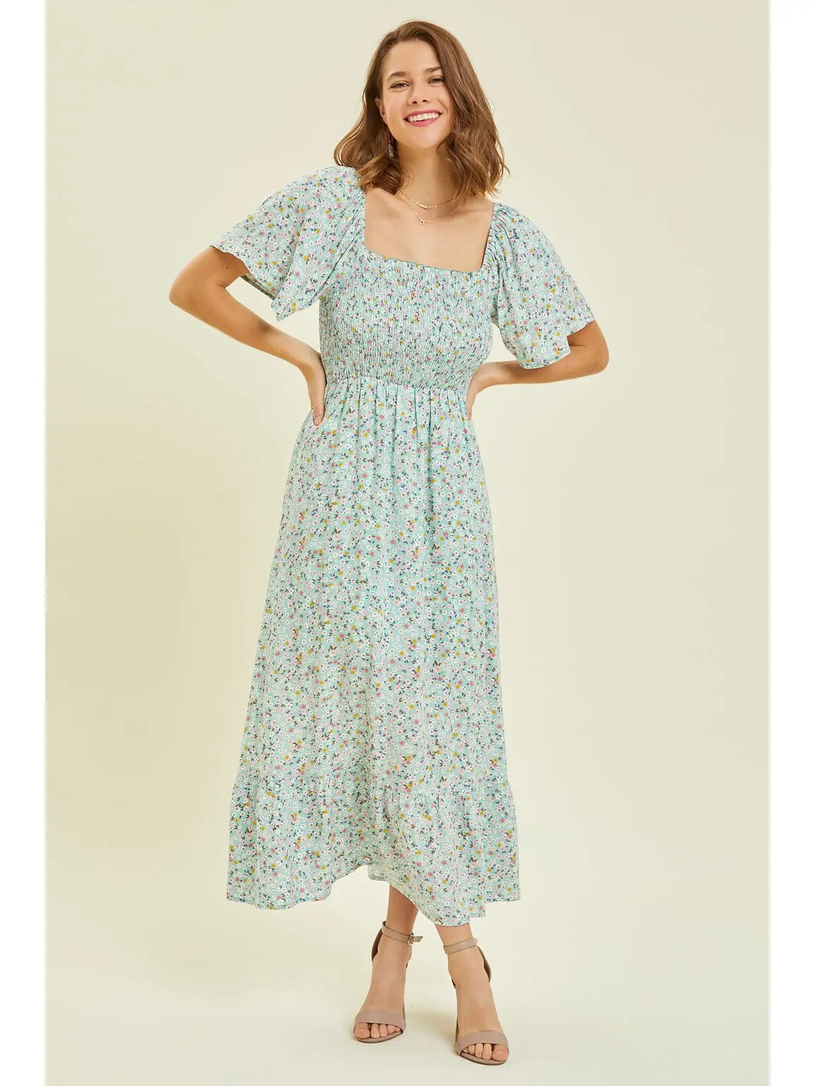 Smocked Floral Midi Dress