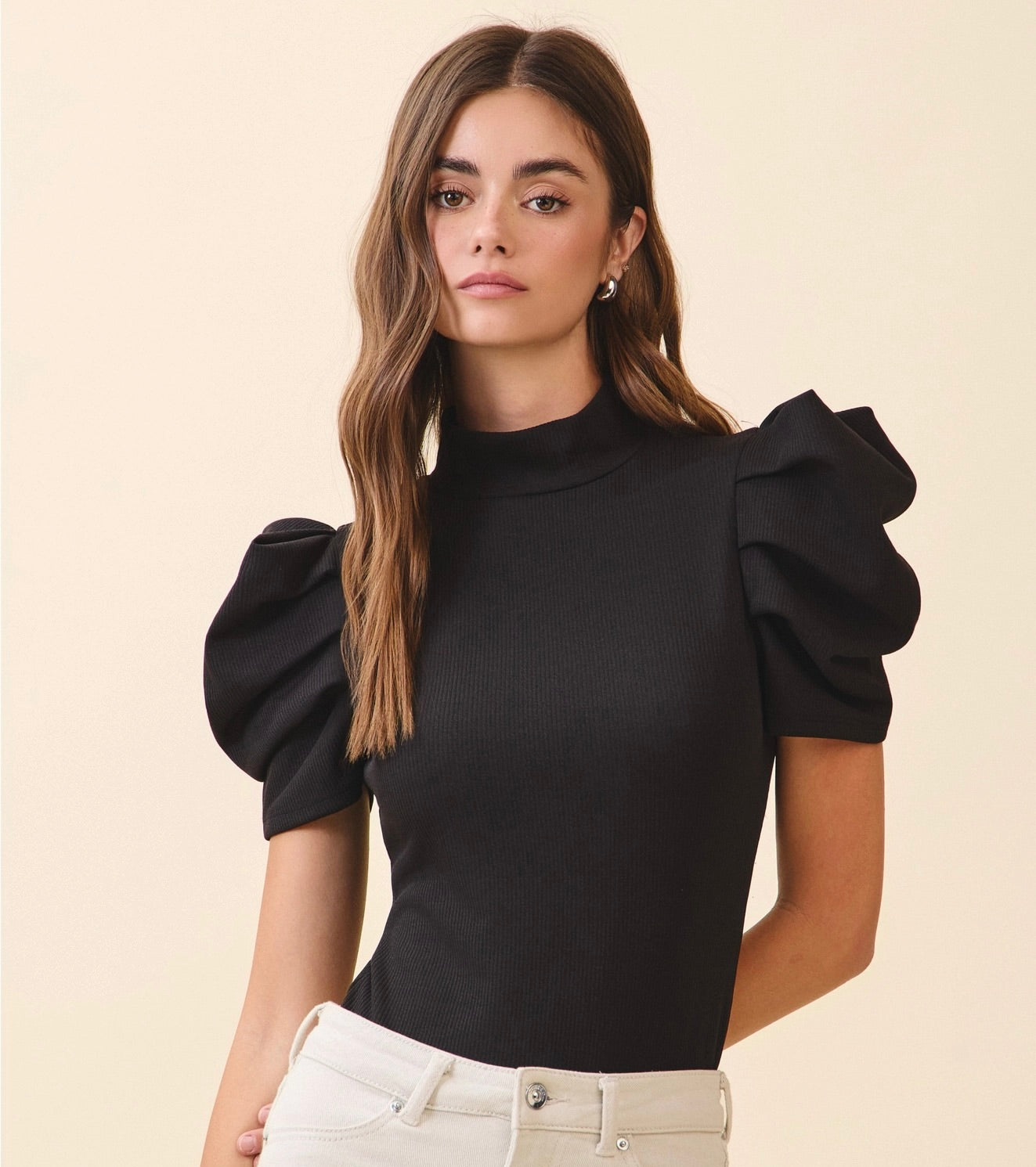 Black Stretch Knit Puff Sleeve Body Suit