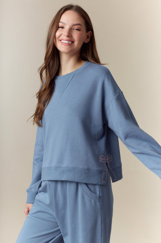 Crew Neck Side Slit Bow Detail Sweatshirt