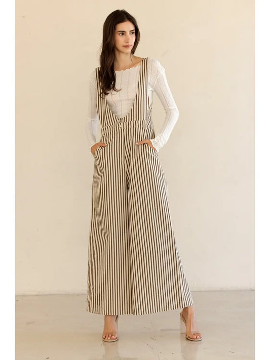 Beige & Brown Striped Jumpsuit