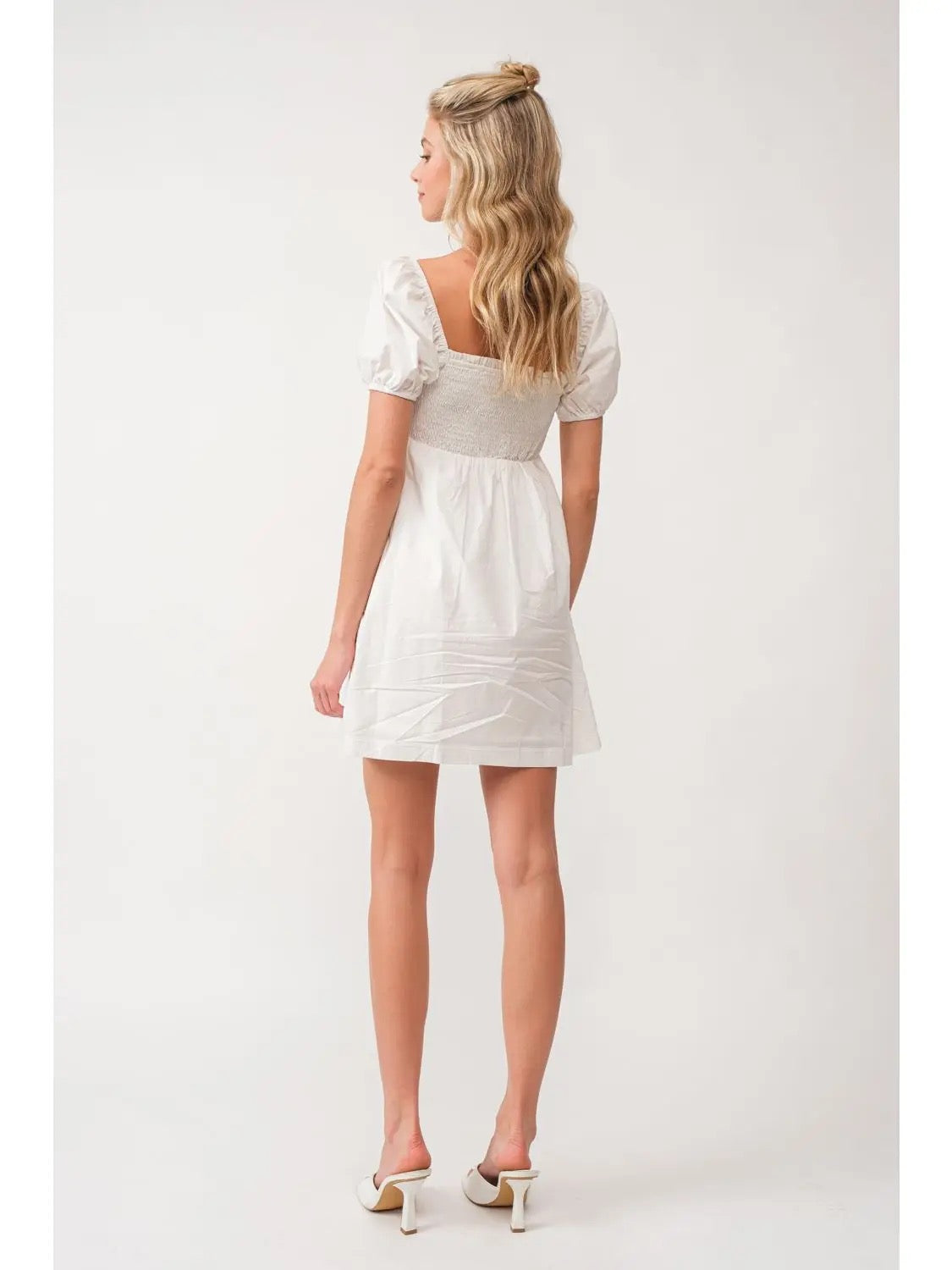 Ivory Smocked Torso Puff Sleeve Babydoll dress