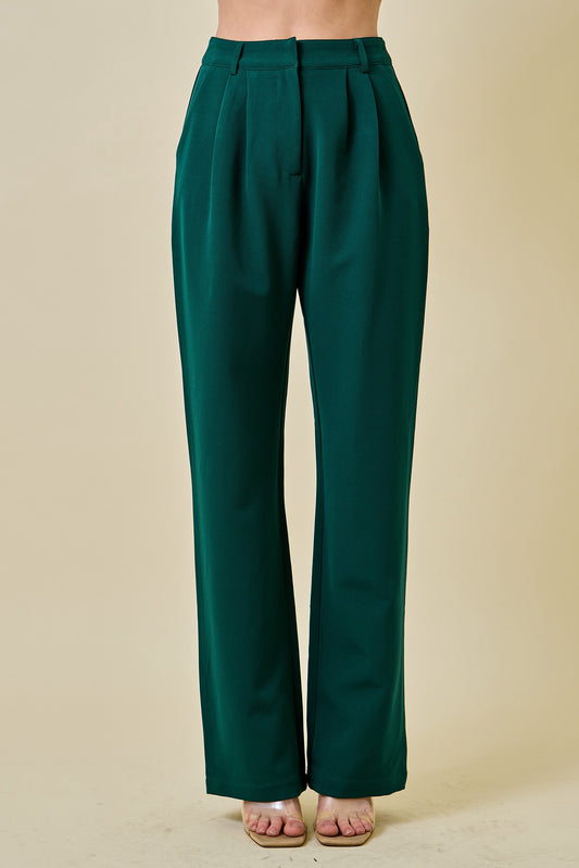 Green Pleated Straight Leg Trouser Pants