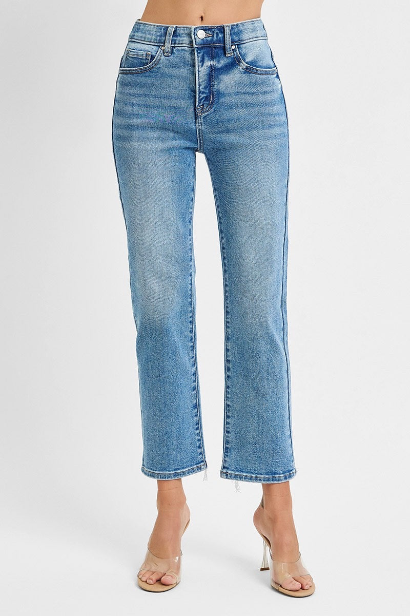 Risen Tummy Control Elastic Band High Rise Crop Straight Jeans