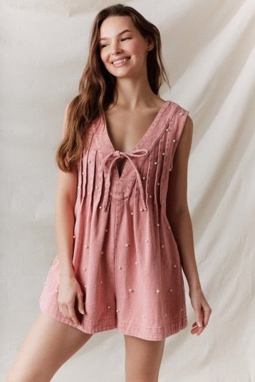 Pink Pearl Mineral Wash Denim Romper
