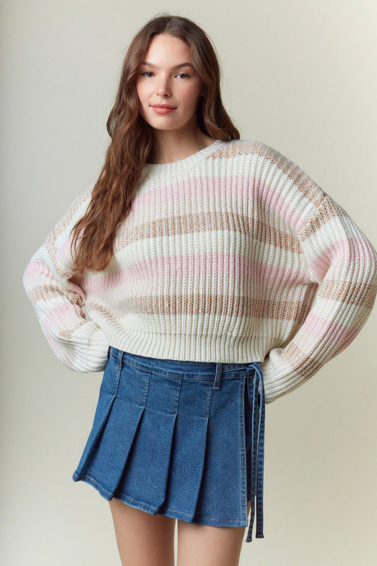 Crew Neck Multi Stripe Cropped Sweater