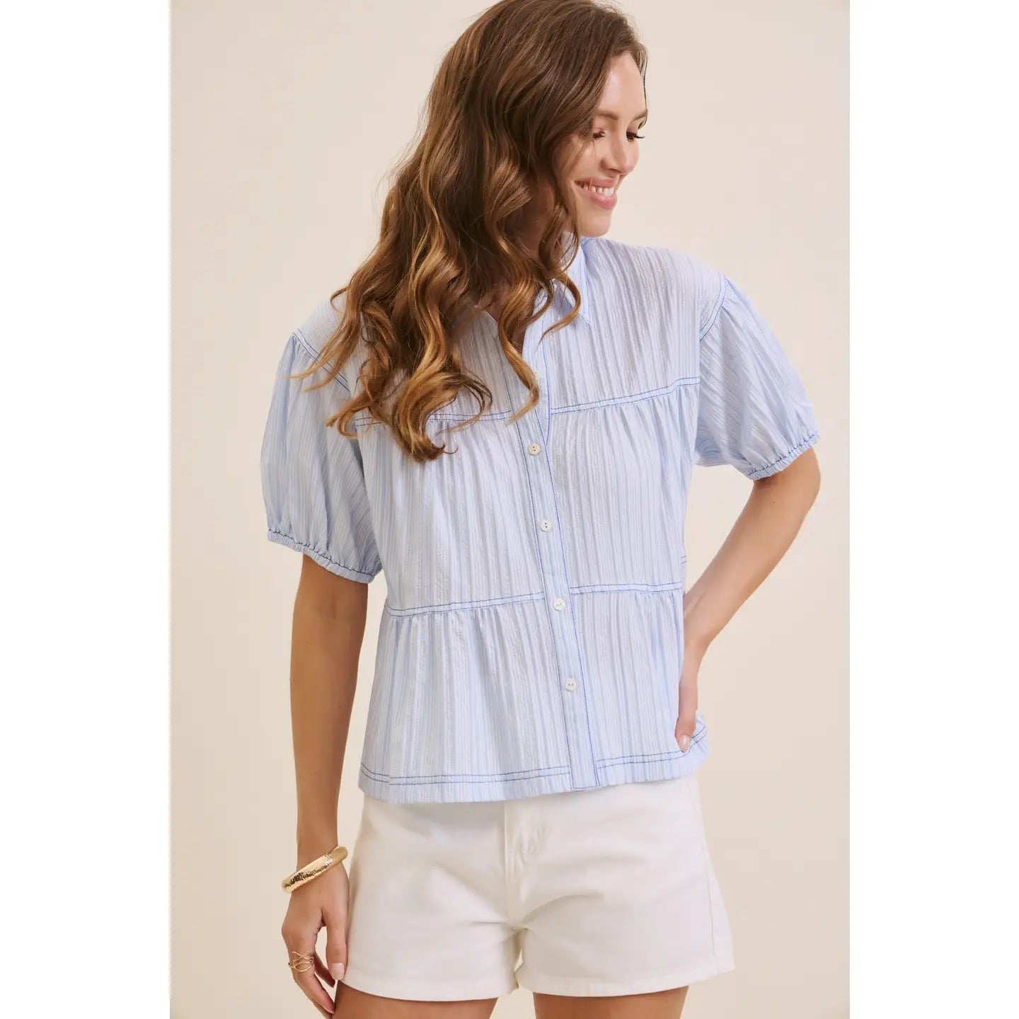 Blue Textured Striped Oversized Button Down Top